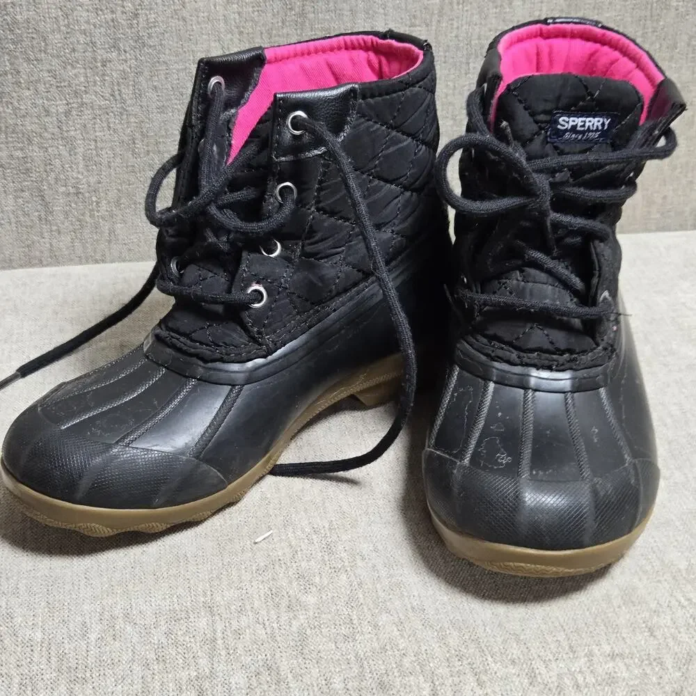 Sperry Port Duck Boots Kids Size 2 Black /Pink Waterproof Lined Rain Snow Play